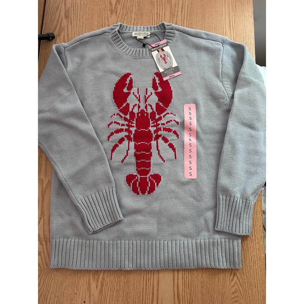 New Women’s Mighty Fine Lobster 🦞 Print Sweater Cotton Acrylic Baby Blue Small